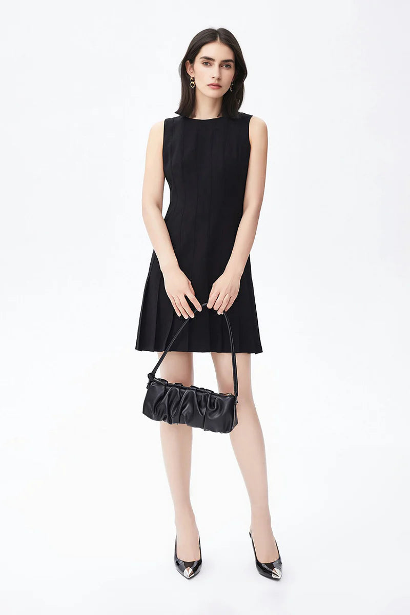 Black Pleated Sleeveless A-Line Mini Dress in Triacetate