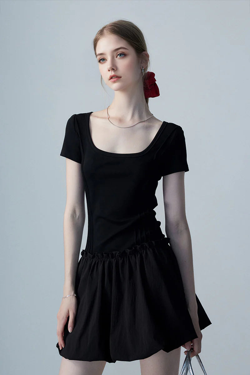 Black Squre-Neck Bubble Mini Dress
