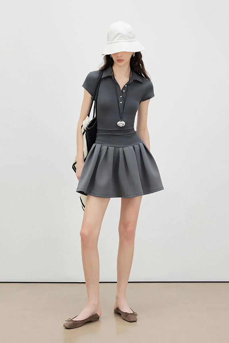 Grey Polo-Neck Short-Sleeve Mini Dress