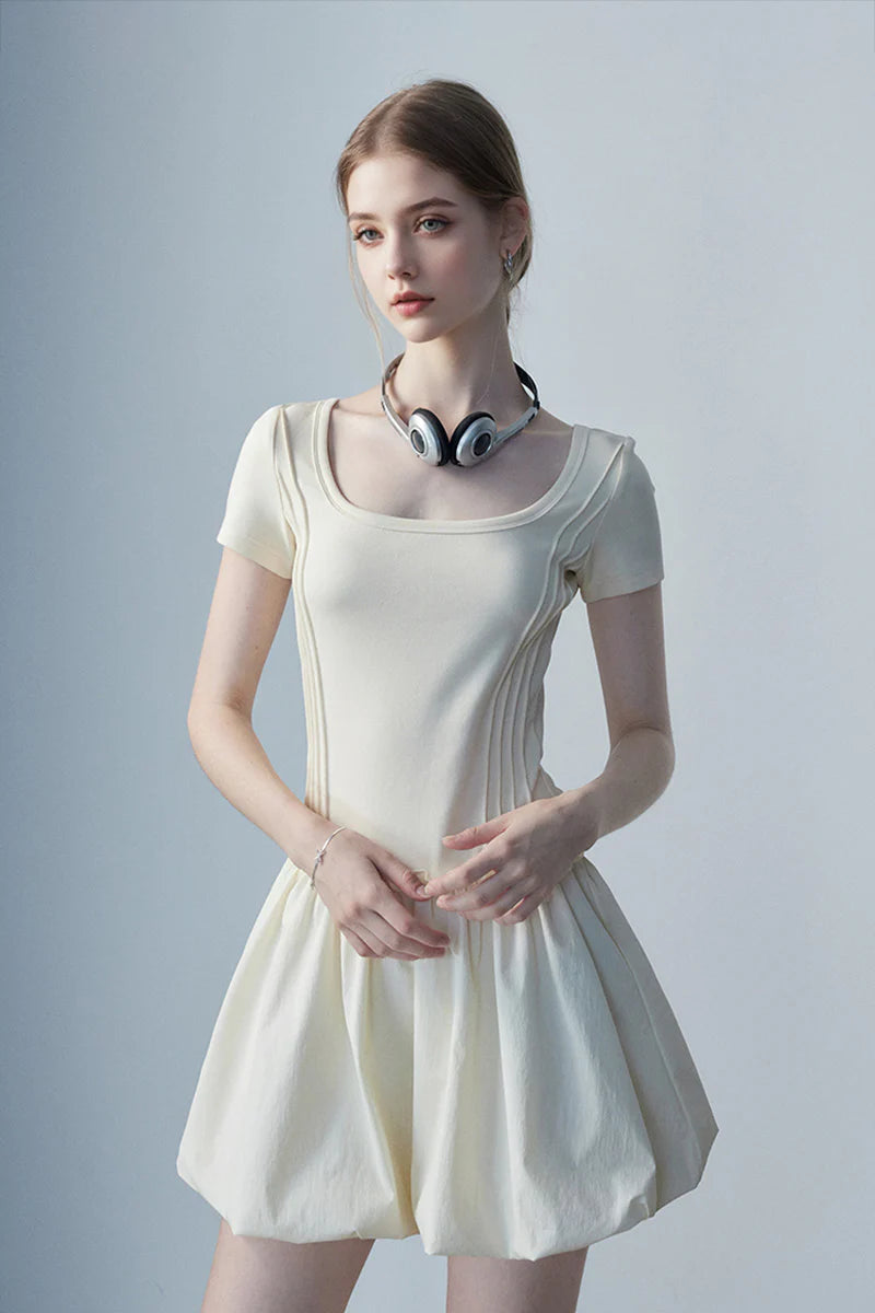 Ivory Squre-Neck Bubble Mini Dress