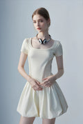 Ivory Squre-Neck Bubble Mini Dress