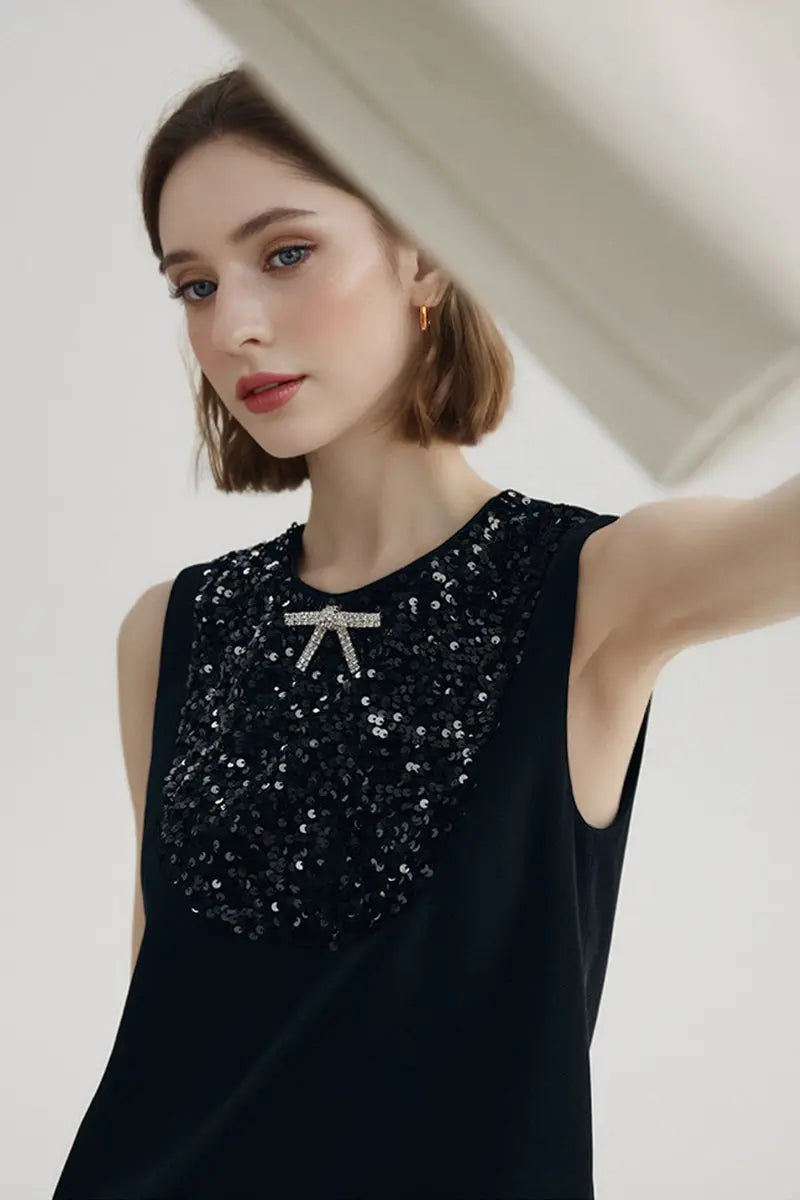 Sequin Embellished Bow-Detail Sleeveless Mini Dress