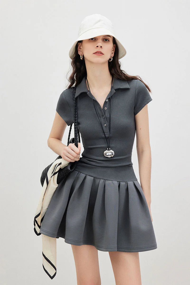 Grey Polo-Neck Short-Sleeve Mini Dress