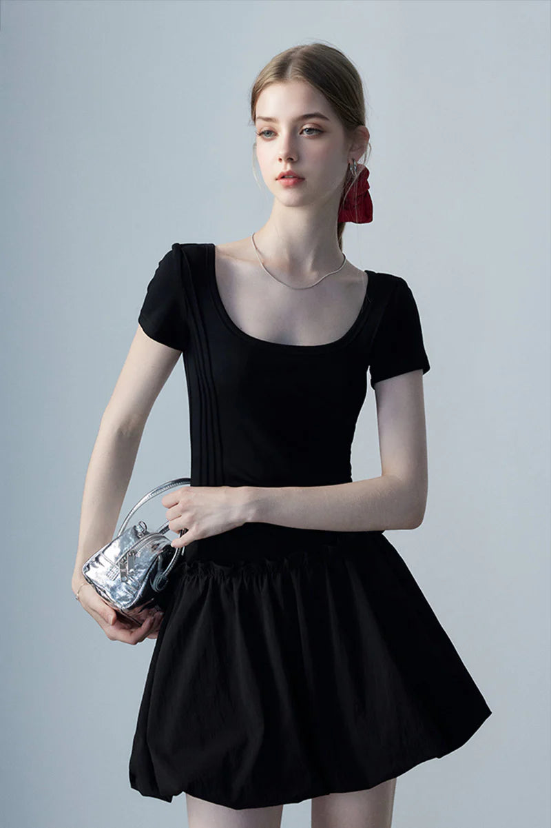 Black Squre-Neck Bubble Mini Dress