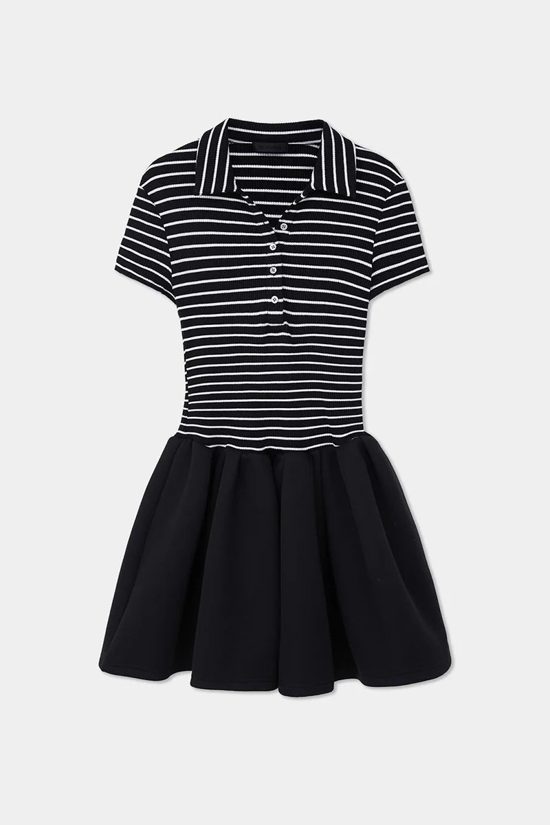 Black Polo-Neck Short-Sleeve Mini Dress in Stripe