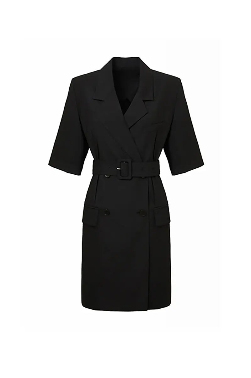 Black Double-Breasted Belted Blazer Mini Dress with Elbow Sleeve