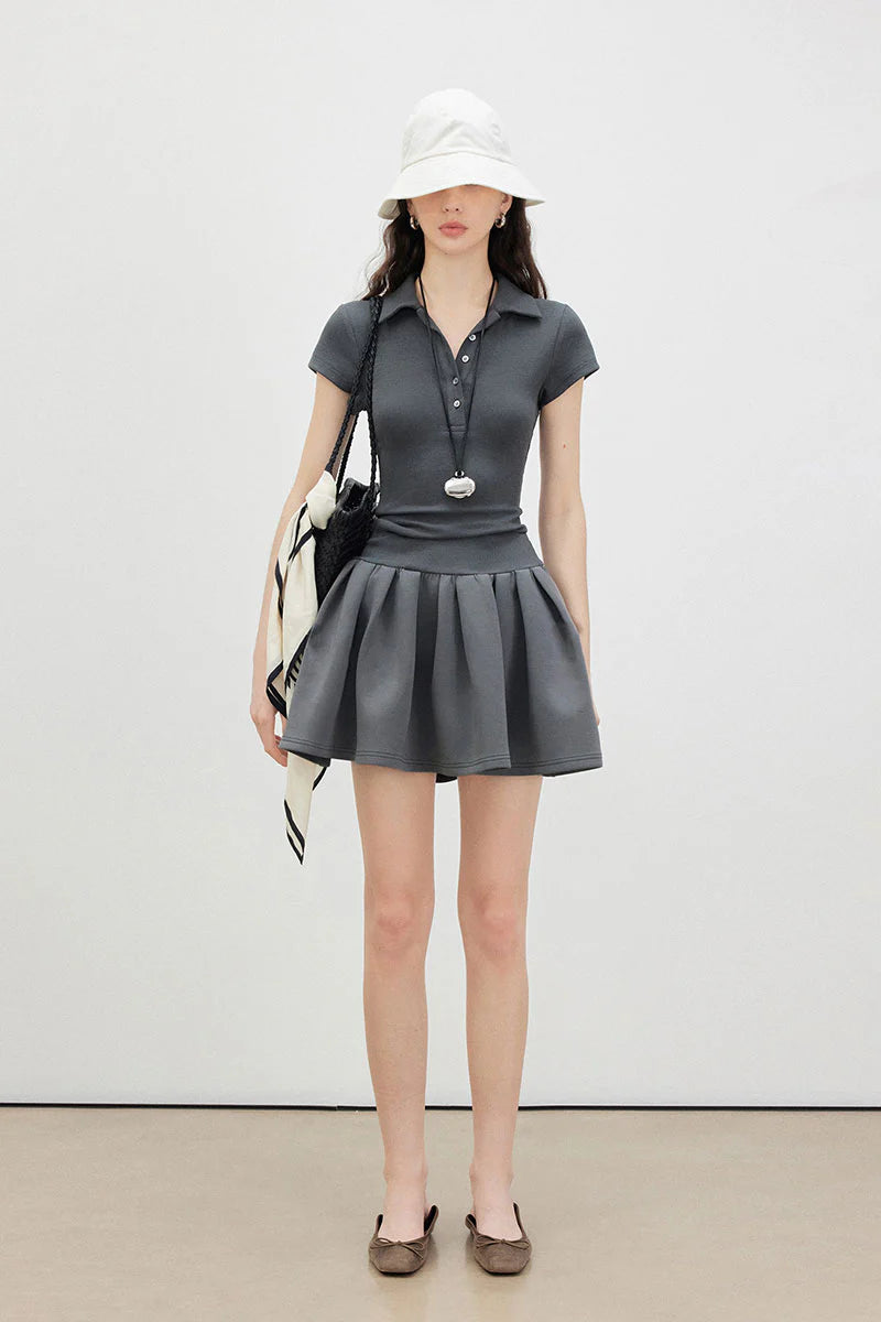 Grey Polo-Neck Short-Sleeve Mini Dress