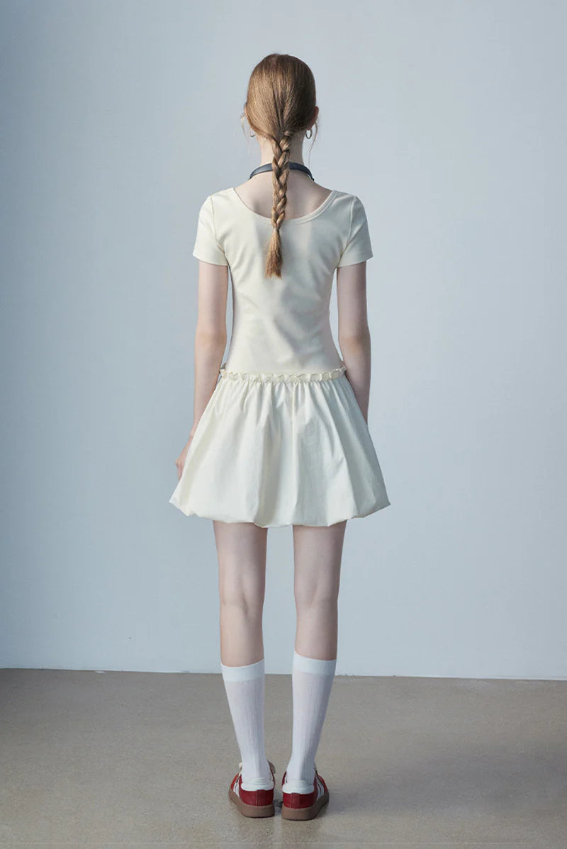 Ivory Squre-Neck Bubble Mini Dress