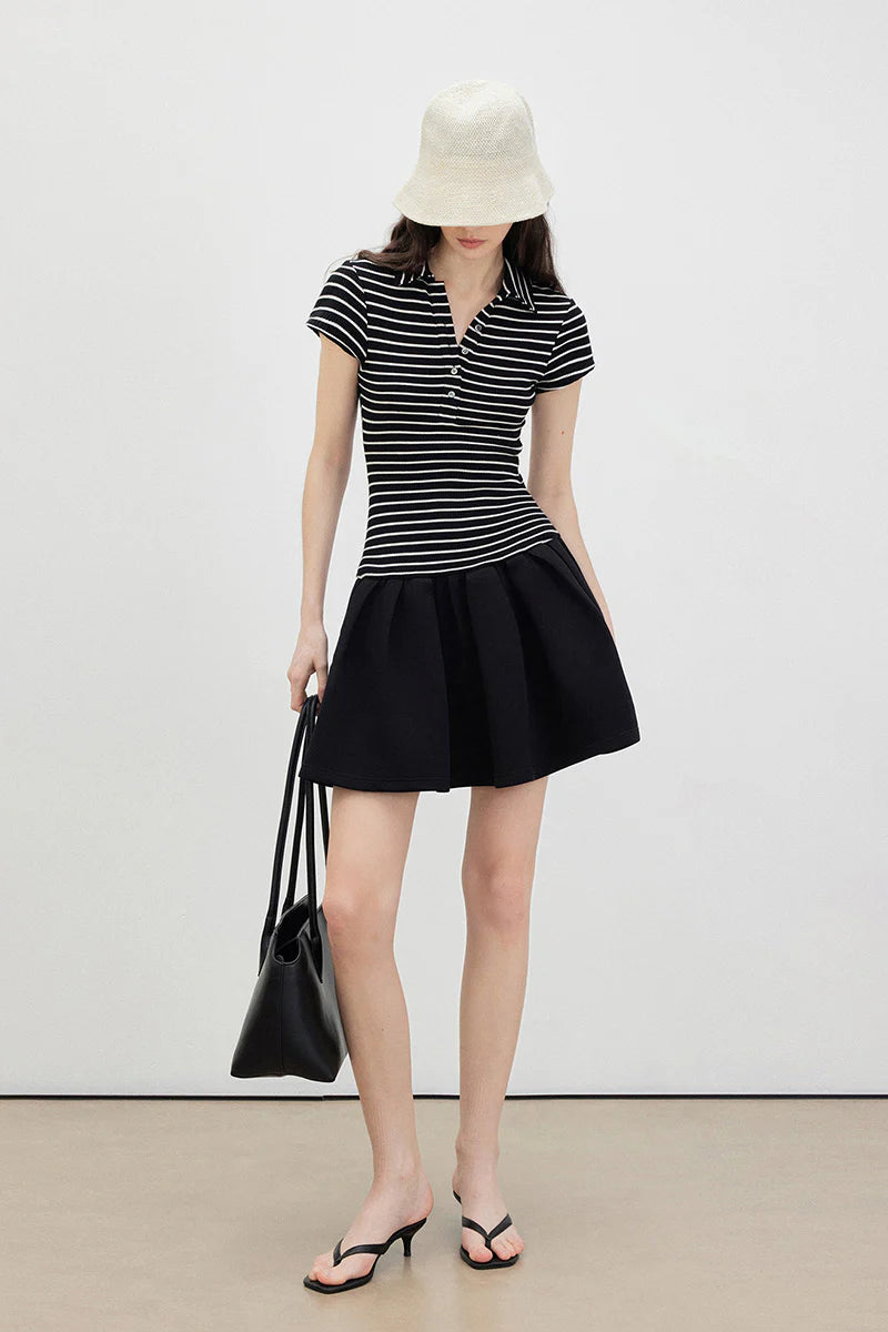 Black Polo-Neck Short-Sleeve Mini Dress in Stripe