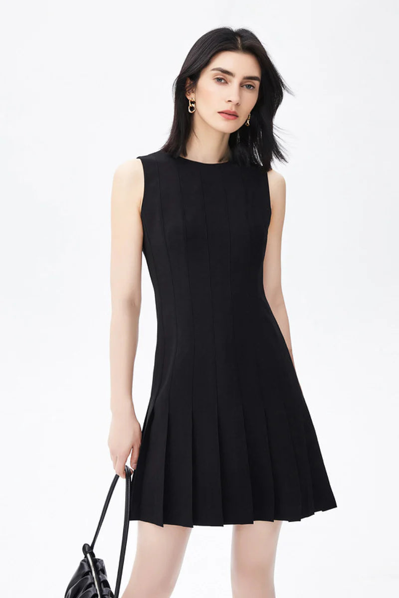 Black Pleated Sleeveless A-Line Mini Dress in Triacetate