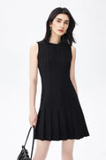 Black Pleated Sleeveless A-Line Mini Dress in Triacetate