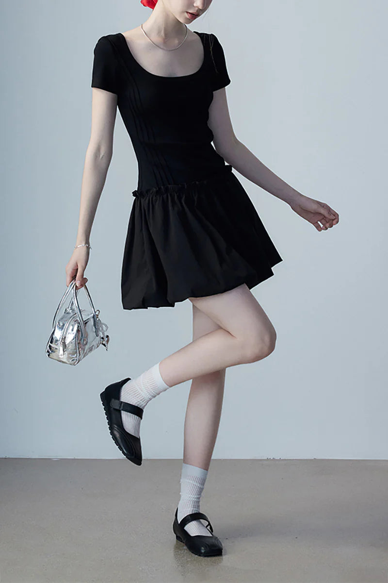 Black Squre-Neck Bubble Mini Dress