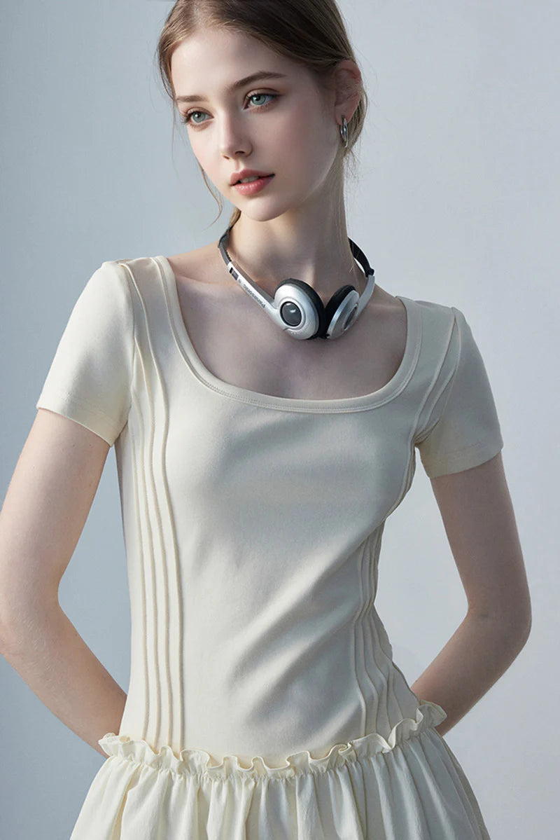 Ivory Squre-Neck Bubble Mini Dress