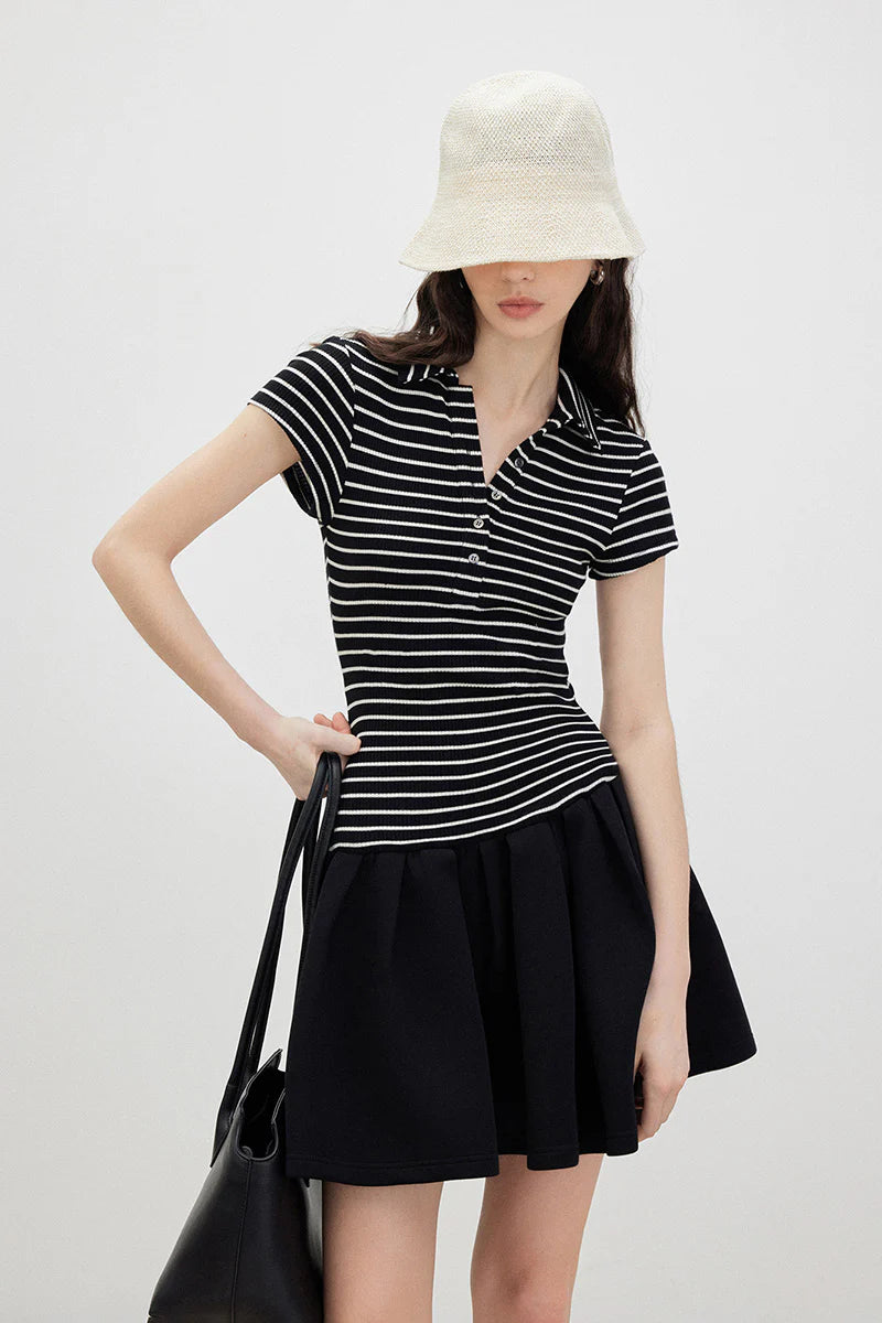 Black Polo-Neck Short-Sleeve Mini Dress in Stripe