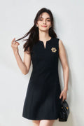 Black Sleeveless A-Line Mini Shift Dress with Brooch