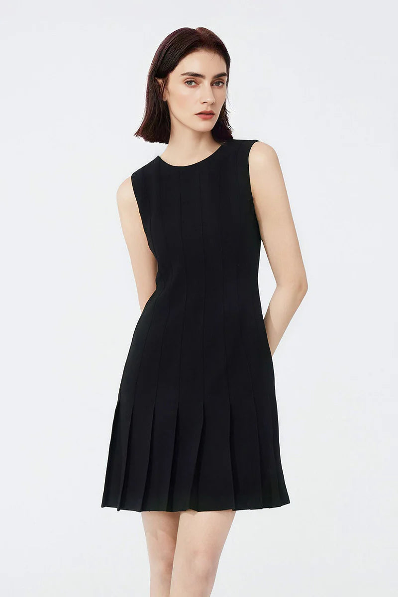 Black Pleated Sleeveless A-Line Mini Dress in Triacetate