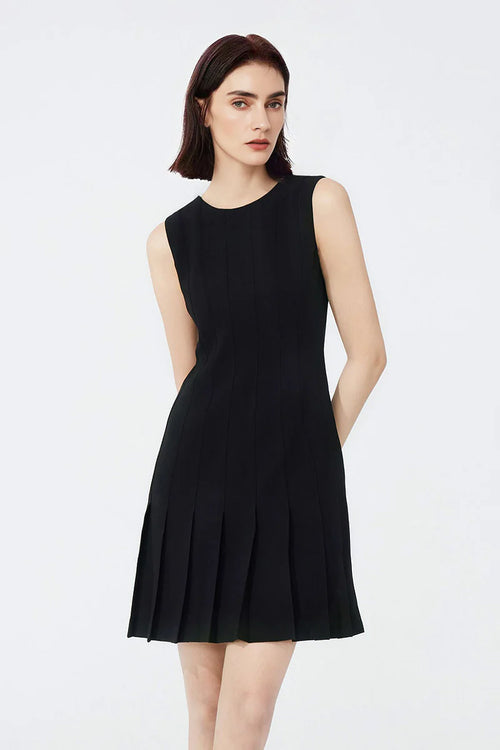Black Pleated Sleeveless A-Line Mini Dress in Triacetate