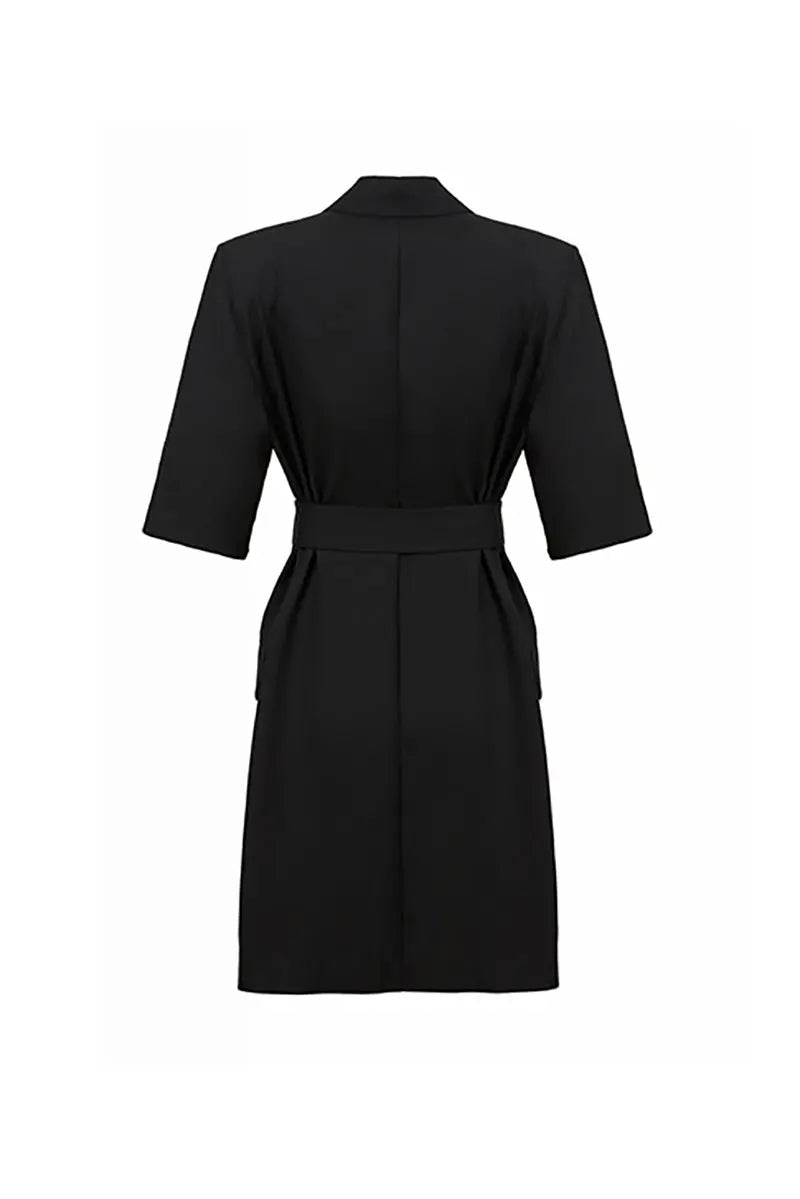 Black Double-Breasted Belted Blazer Mini Dress with Elbow Sleeve