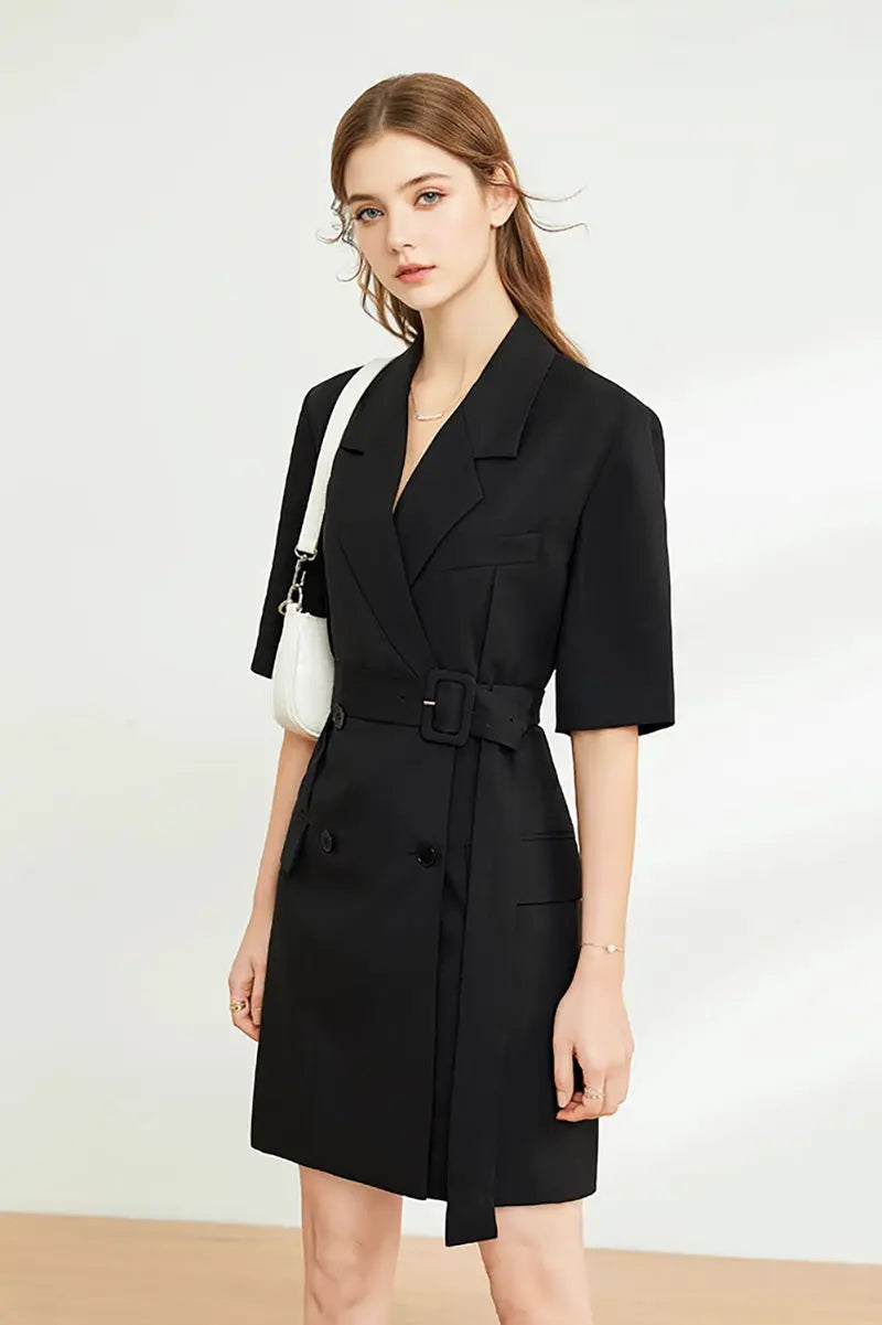 Black Double-Breasted Belted Blazer Mini Dress with Elbow Sleeve