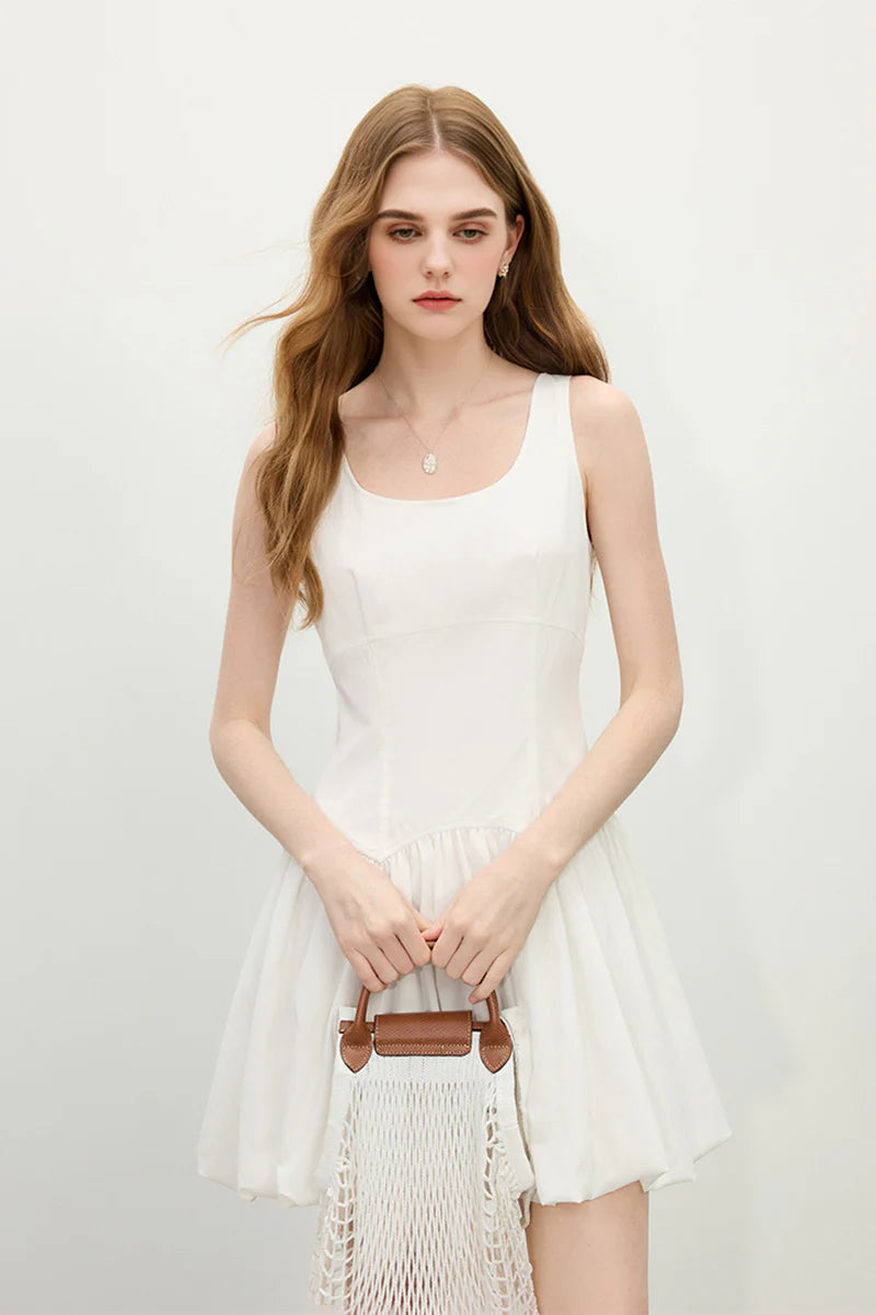 White Sleeveless Scoop-Neck Bubble Mini Dress