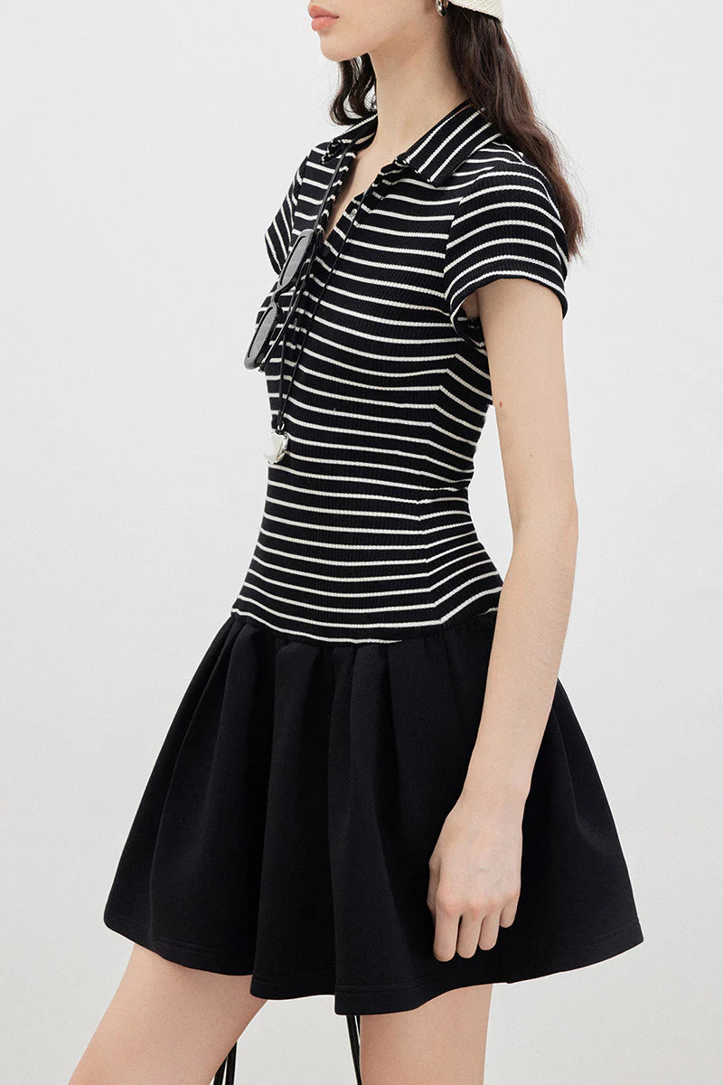 Black Polo-Neck Short-Sleeve Mini Dress in Stripe