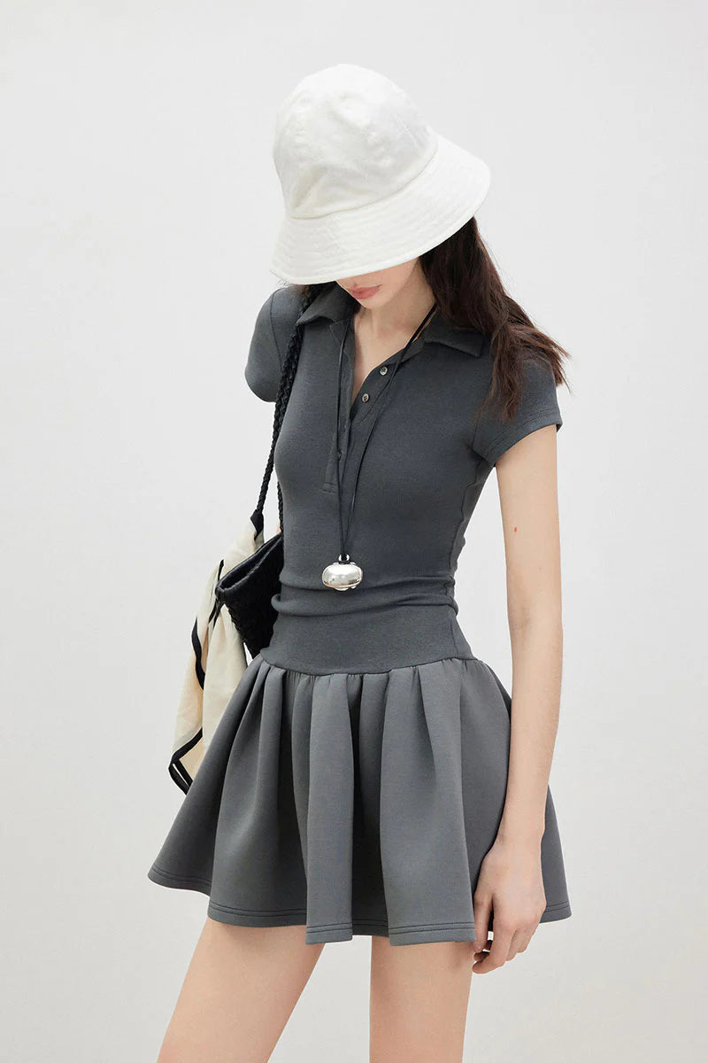 Grey Polo-Neck Short-Sleeve Mini Dress