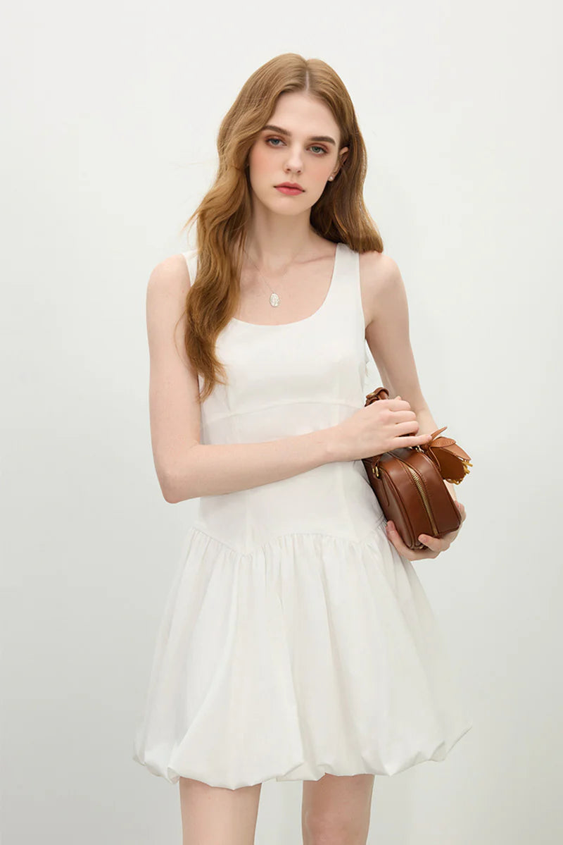 White Sleeveless Scoop-Neck Bubble Mini Dress