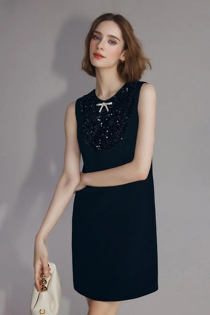 Sequin Embellished Bow-Detail Sleeveless Mini Dress