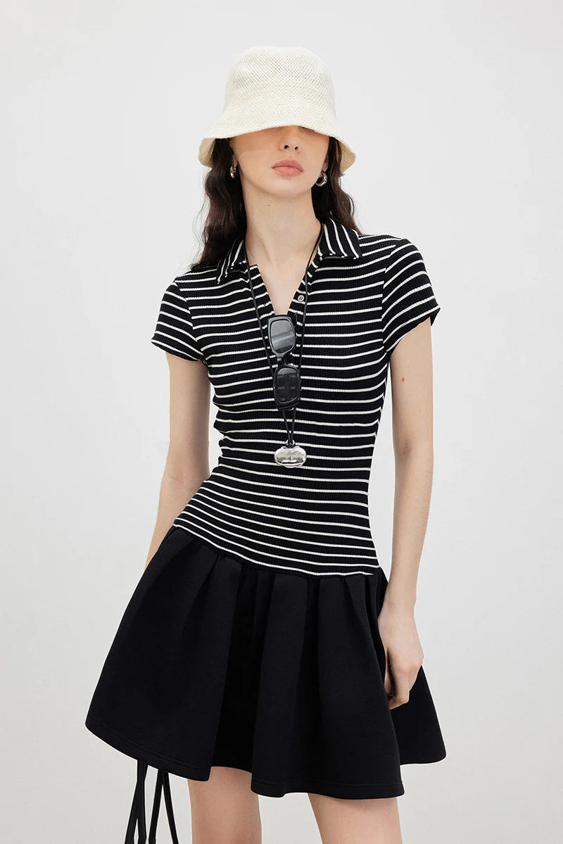 Black Polo-Neck Short-Sleeve Mini Dress in Stripe