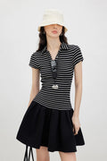 Black Polo-Neck Short-Sleeve Mini Dress in Stripe