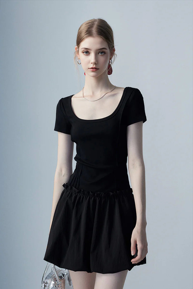 Black Squre-Neck Bubble Mini Dress