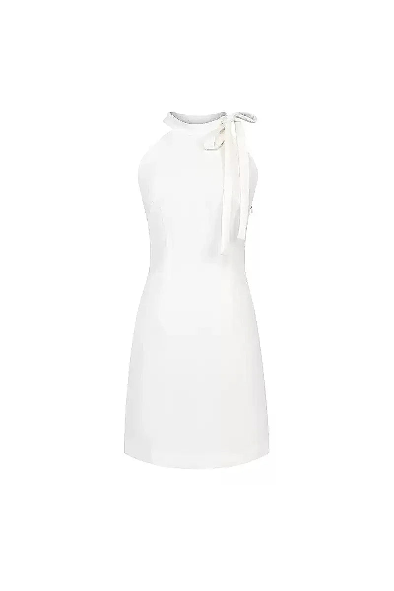 White Halter-Neck Backless Mini Dress With Bow