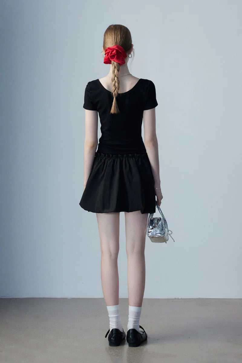 Black Squre-Neck Bubble Mini Dress