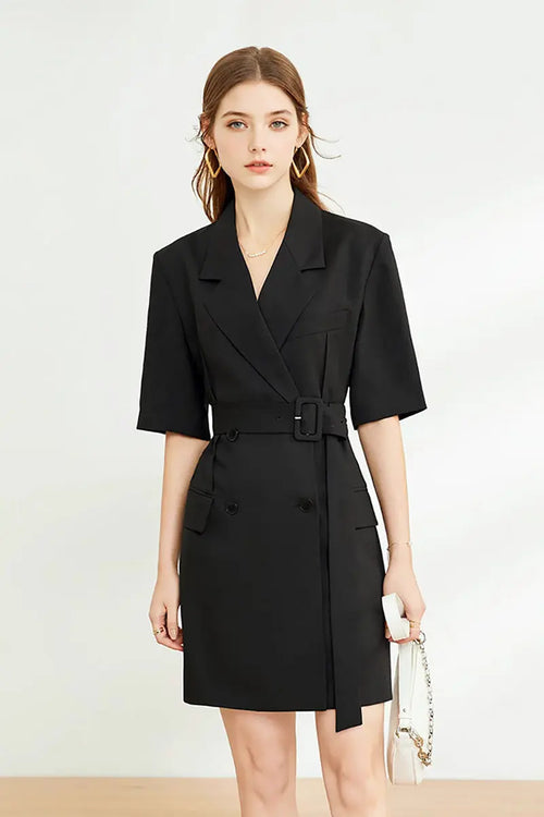 Black Double-Breasted Belted Blazer Mini Dress with Elbow Sleeve