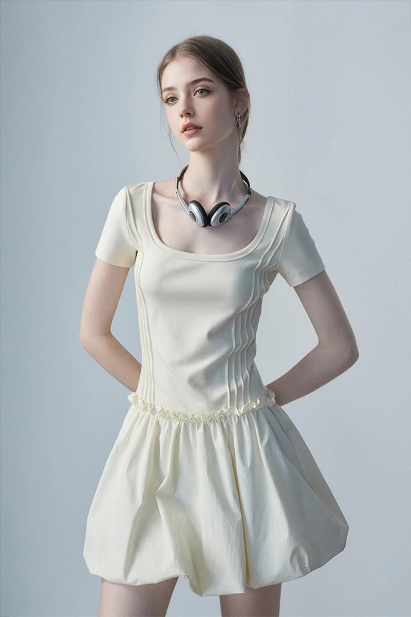 Ivory Squre-Neck Bubble Mini Dress