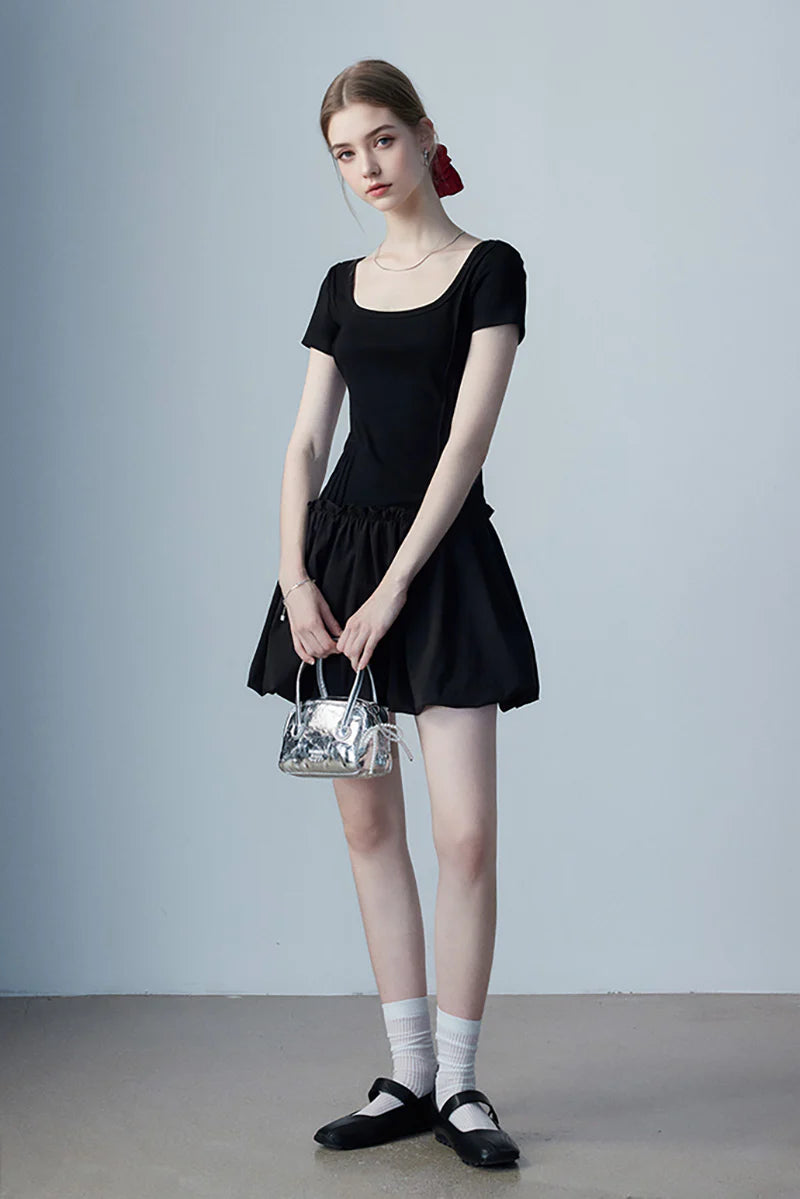 Black Squre-Neck Bubble Mini Dress