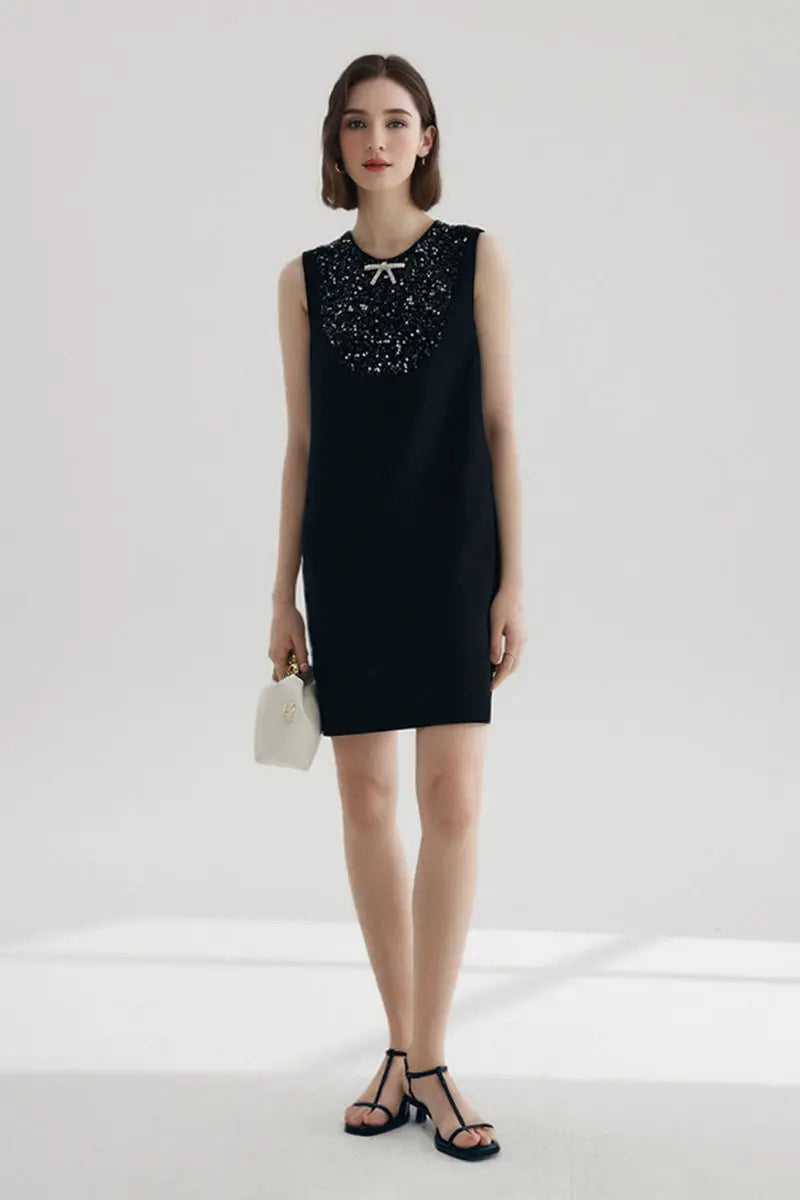 Sequin Embellished Bow-Detail Sleeveless Mini Dress