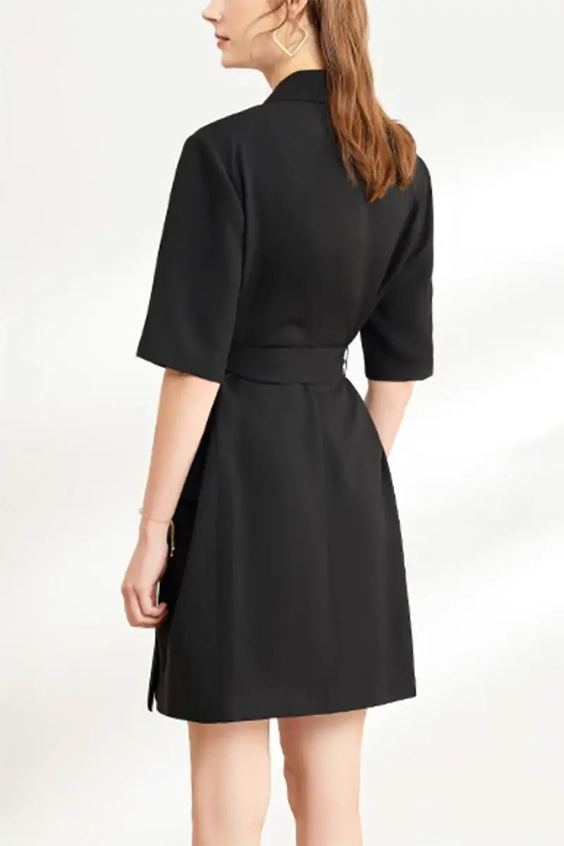 Black Double-Breasted Belted Blazer Mini Dress with Elbow Sleeve
