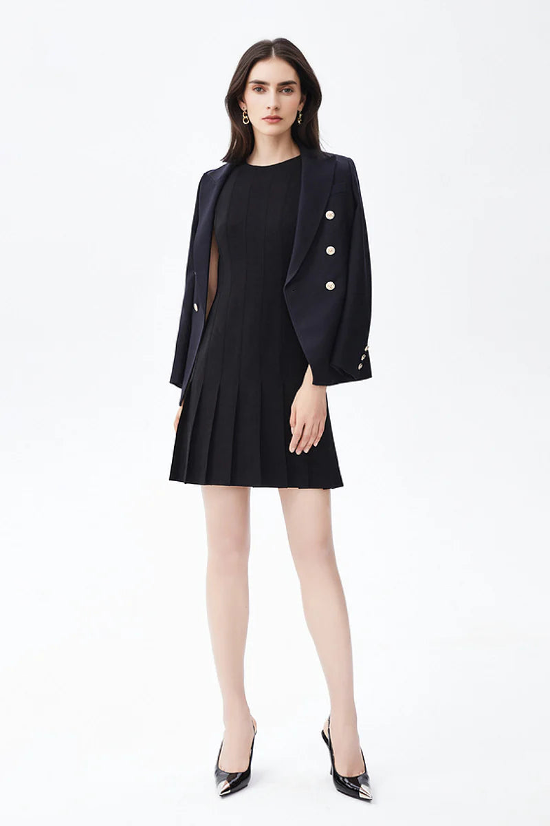 Black Pleated Sleeveless A-Line Mini Dress in Triacetate