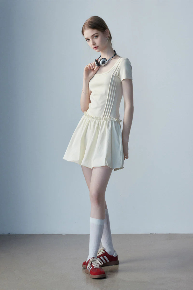Ivory Squre-Neck Bubble Mini Dress
