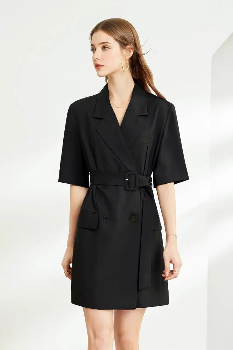 Black Double-Breasted Belted Blazer Mini Dress with Elbow Sleeve