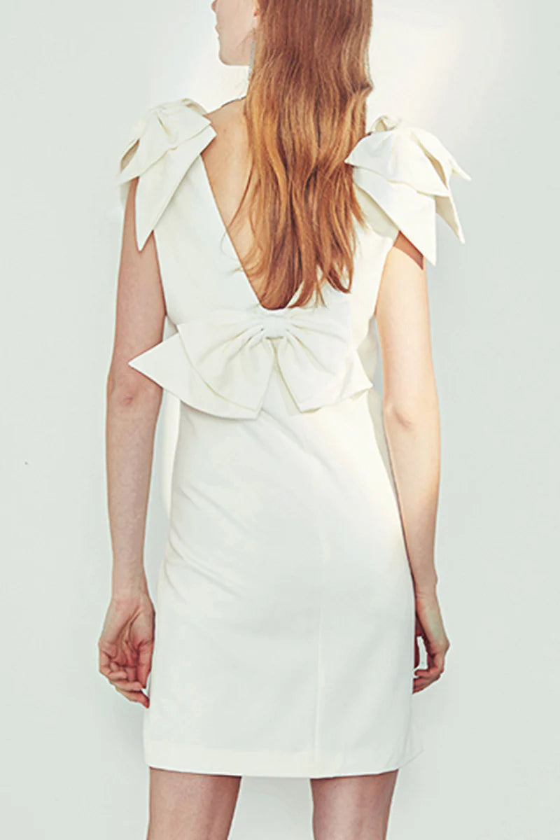 White Sleeveless Backless Bow Mini Dress