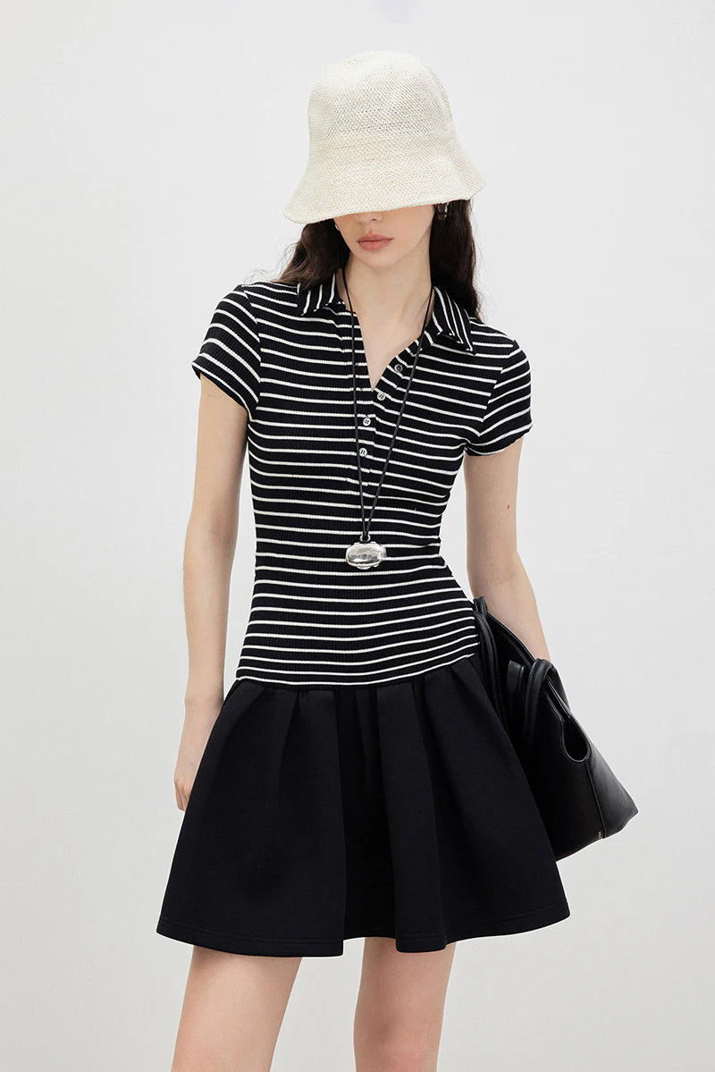 Black Polo-Neck Short-Sleeve Mini Dress in Stripe