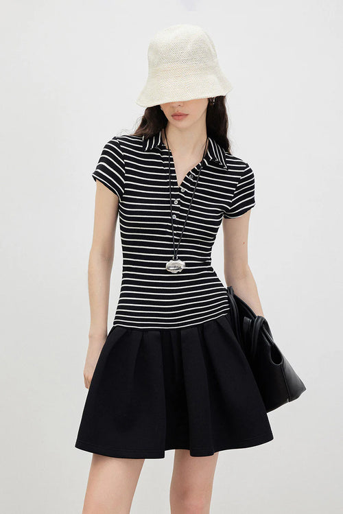 Black Polo-Neck Short-Sleeve Mini Dress in Stripe
